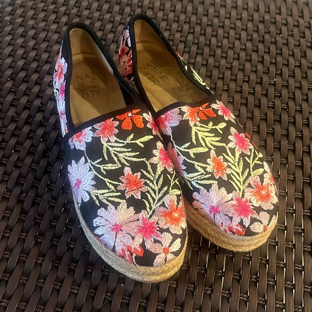 Naturalizer Black Floral Espadrille Flats with Pink & Green Embroidery